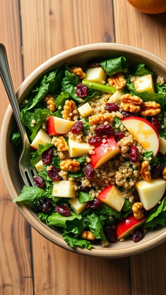 A colorful kale quinoa apple salad with walnuts and cranberries in a rustic bowl on a wooden table.
